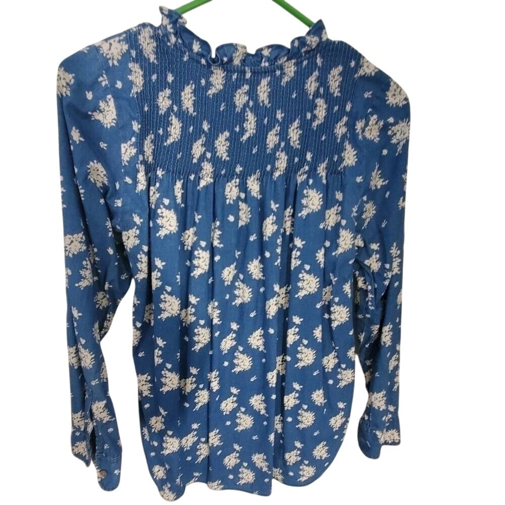 J.Crew Blue White Floral Smocked Ruffle Collar Cotton Blouse 91332 Size 2